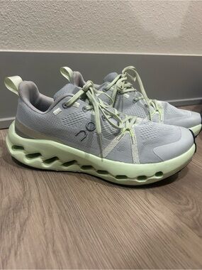 On Running Women's Cloudmonster Athletic Shoes in Light Gray and Pale Green